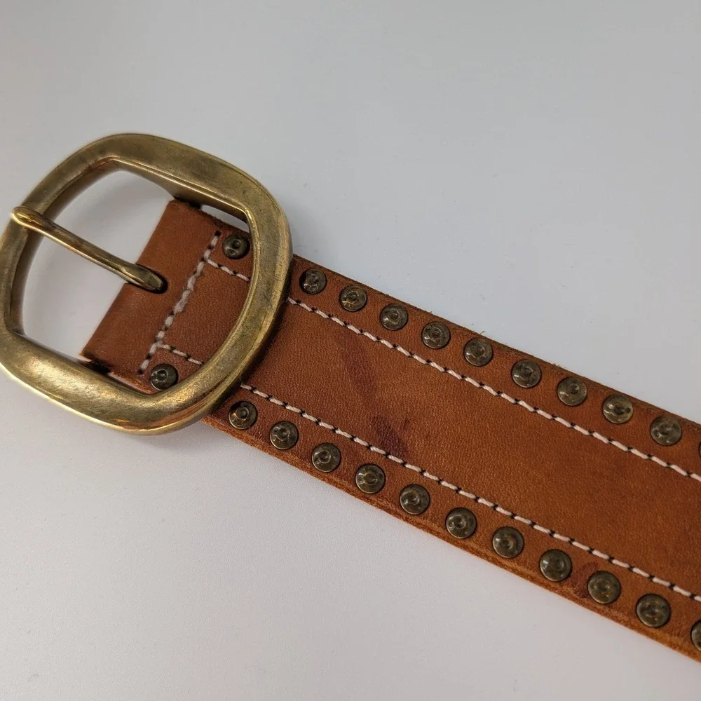 Lucky Brand Studded Leather Belt Womens 32 Brown Western Brass Buckle Boho Indie